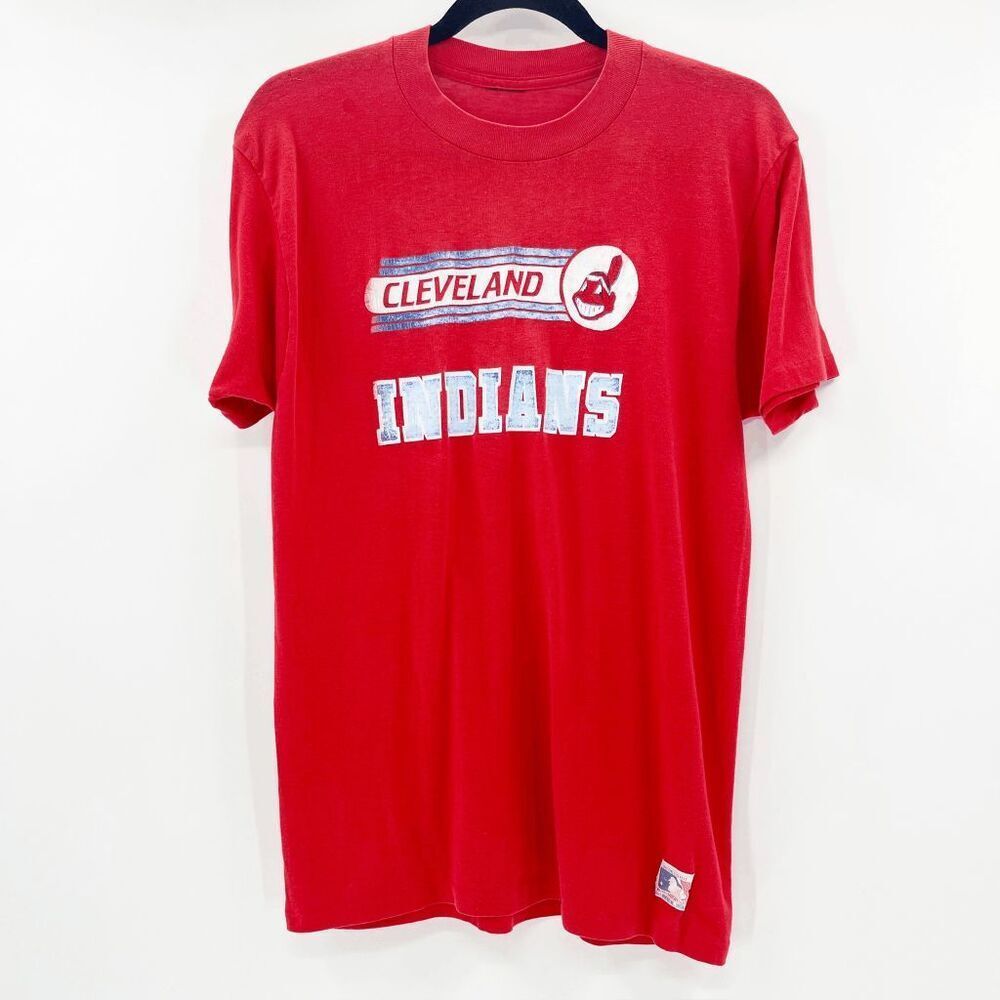 Vintage MLB Cleveland Indians T Shirt Men Size M Red Baseball Crew Neck